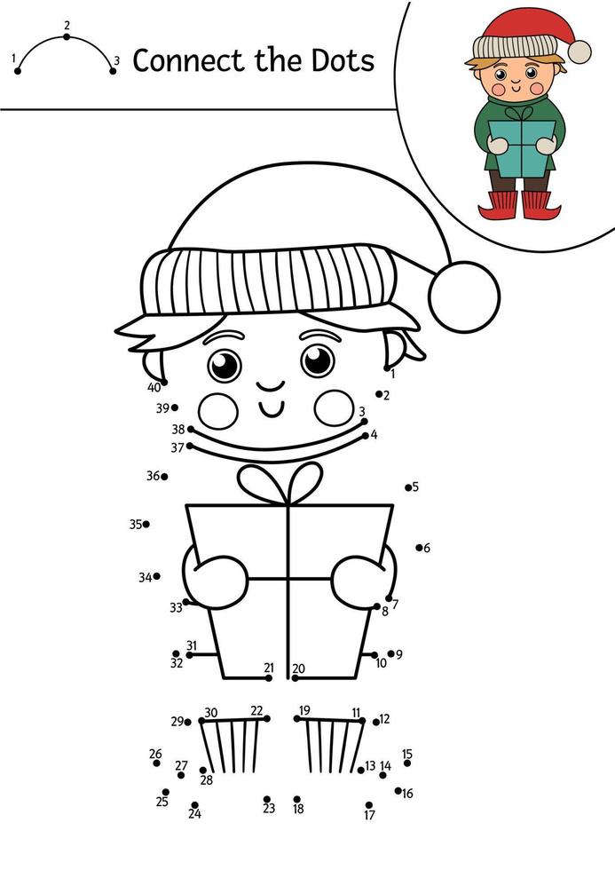 image vectorielle activité point à point et couleur de noël avec un joli garçon elfe tenant un cadeau. les vacances d'hiver relient le jeu de points pour les enfants. page de coloriage amusante pour les enfants avec un caractère traditionnel vecteur