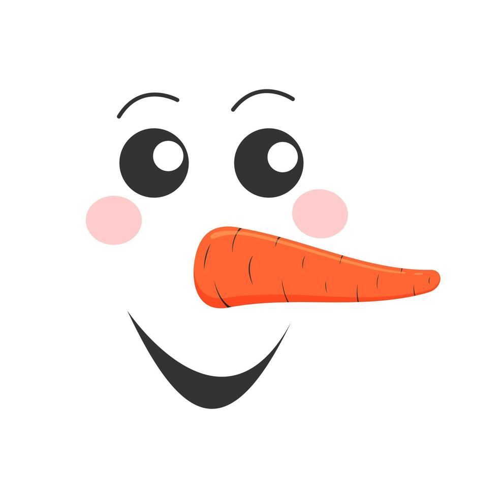 visage drôle de bonhomme de neige. jolie tête de bonhomme de neige avec une bouche souriante et un nez de carotte. conception de vacances d'hiver vecteur