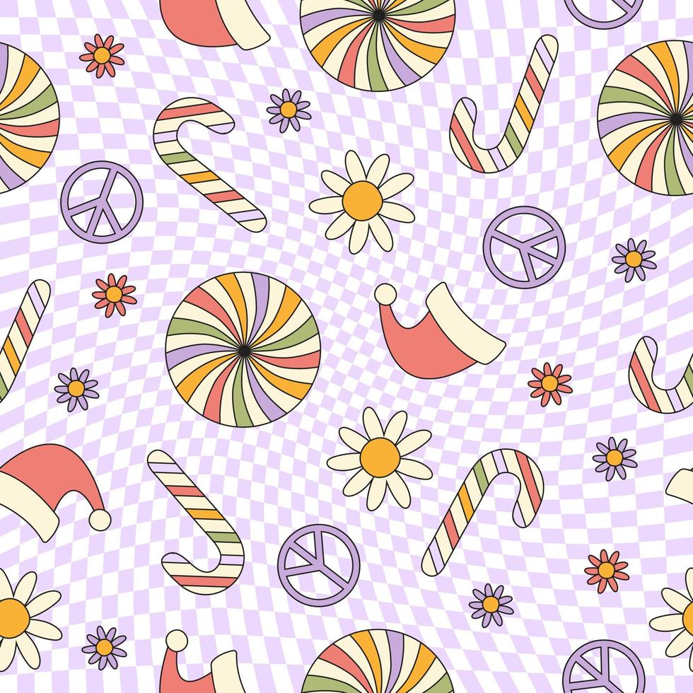 modèle sans couture hippie groovy noël. fond floral festif rétro dans le style des années 60, 70. illustration vectorielle à la mode. couleurs pastels vecteur