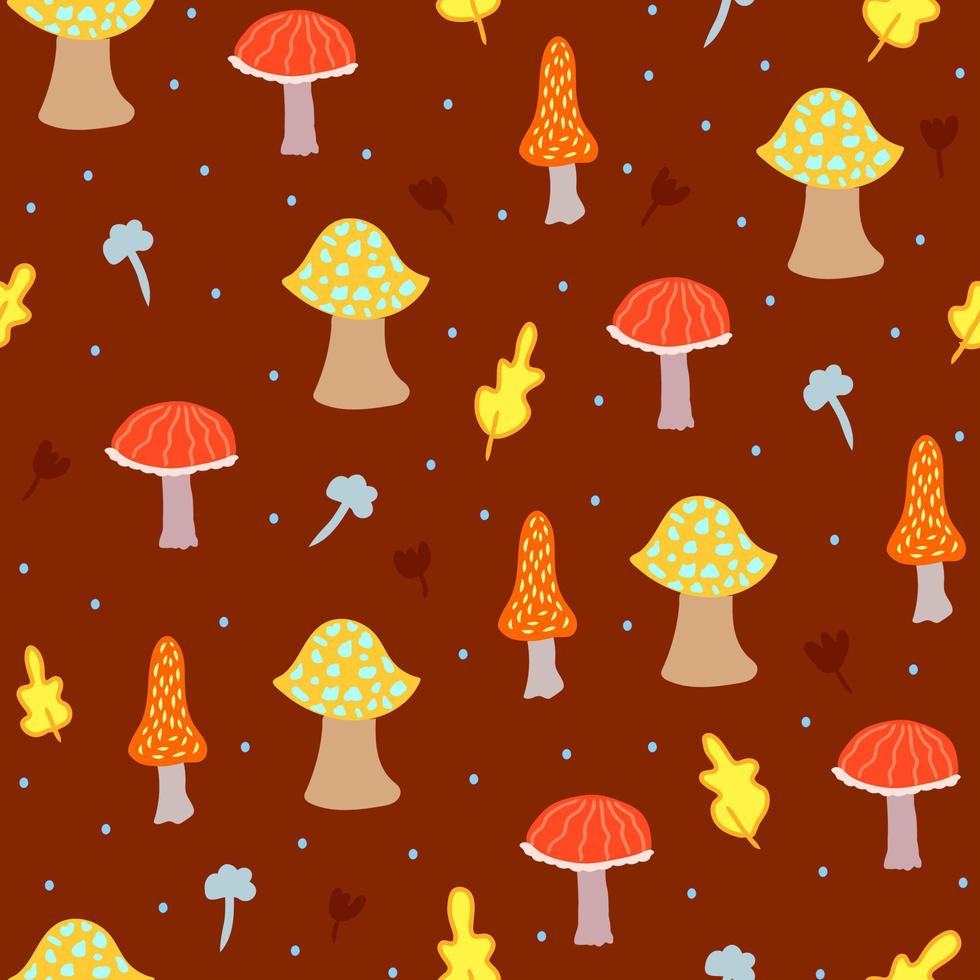 motif harmonieux dessiné à la main avec des champignons abstraits, des feuilles et des points. texture d'automne créative pour le tissu, l'emballage, le textile, la couverture et le design d'intérieur, ensemble de champignons sauvages sur fond sombre vecteur