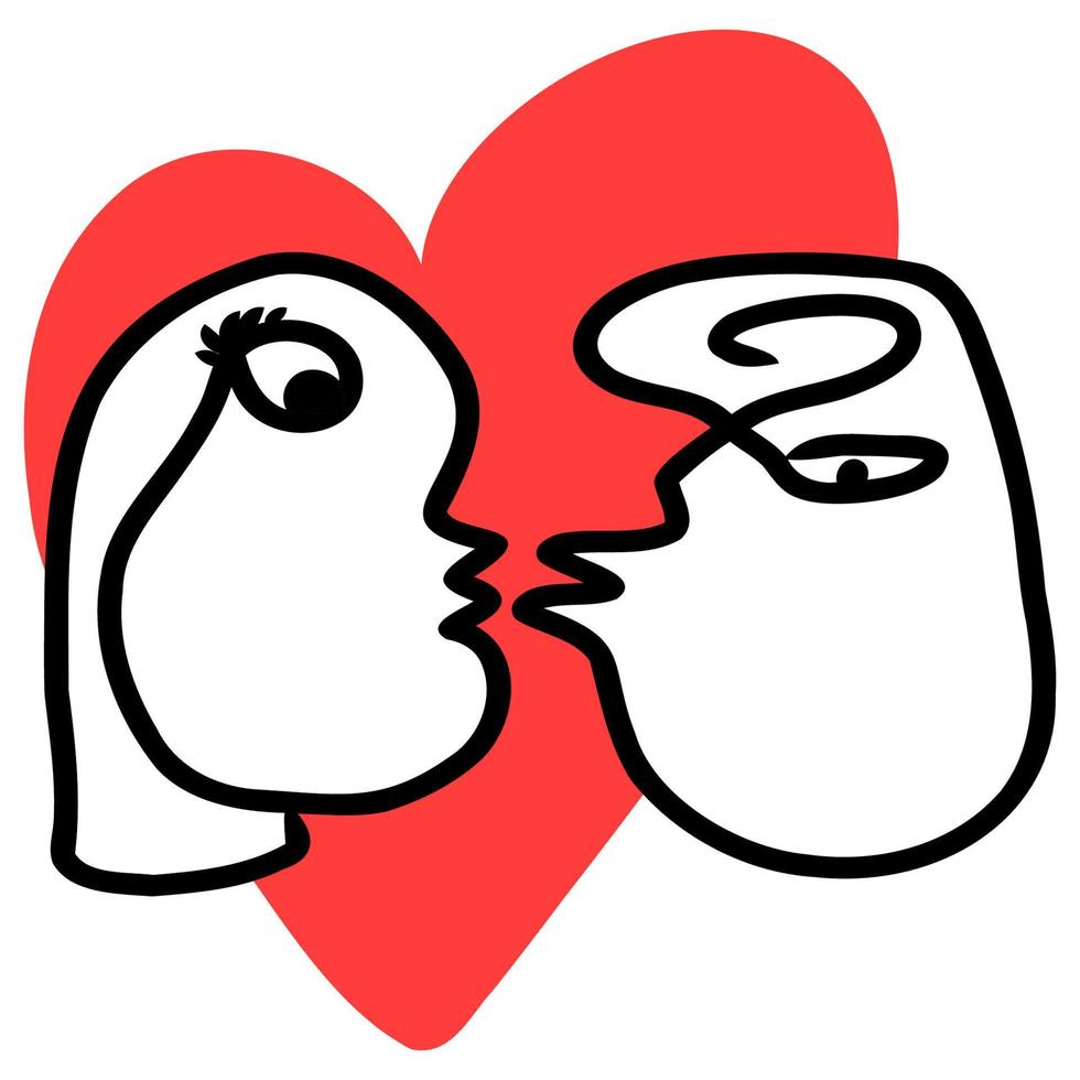 illustration d'art en ligne continue d'un couple amoureux, impression de mode avec visage abstrait d'homme et de femme, design moderne pour la carte postale de la Saint-Valentin, portrait de style minimaliste, dessin vectoriel d'une ligne