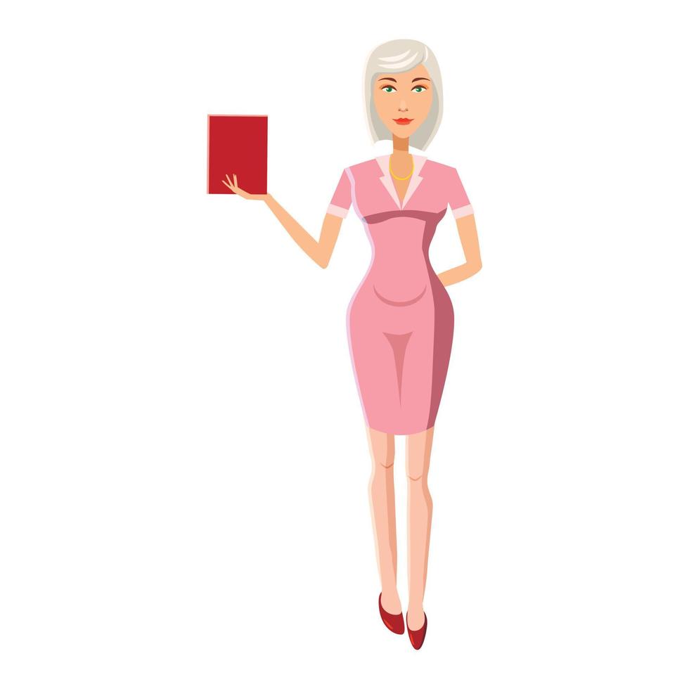 femme affaires, à, livre rouge, icône, dessin animé, style vecteur