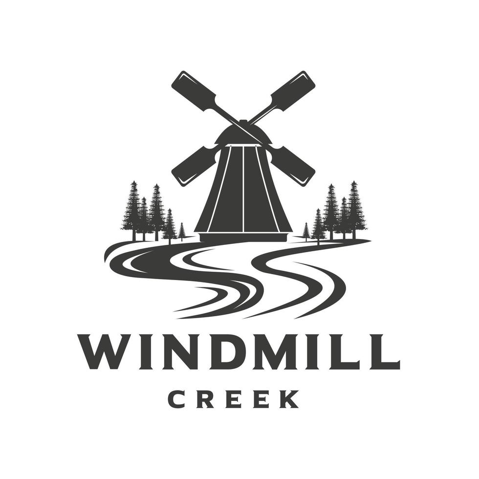 inspiration de conception de rivière et de moulin à vent. modèle de logo de ferme vintage vecteur