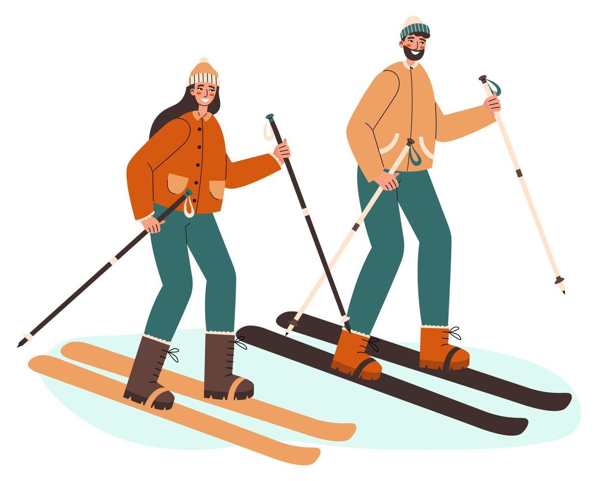 couple heureux skiant ensemble. homme et femme en vêtements chauds pratiquent les sports d'hiver. illustration vectorielle plane. vecteur