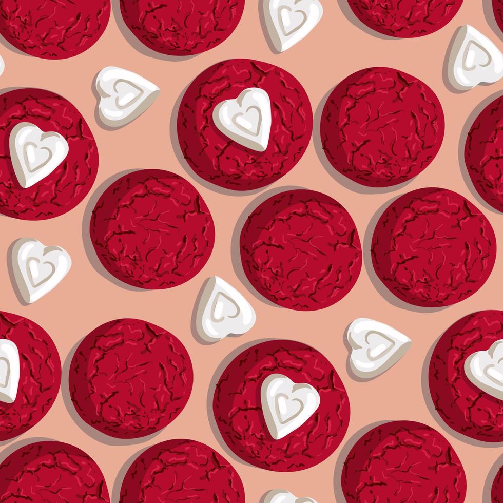 un motif de biscuits à l'avoine avec des chocolats blancs en forme de coeur. biscuits récurrents rouges. adapté à l'impression sur textile et papier. emballage festif pour la saint valentin. cuisine. vecteur