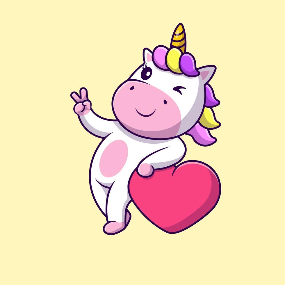 main de paix de licorne mignonne avec illustration d'icônes vectorielles de dessin animé d'amour de coeur. concept de dessin animé plat. adapté à tout projet créatif. vecteur