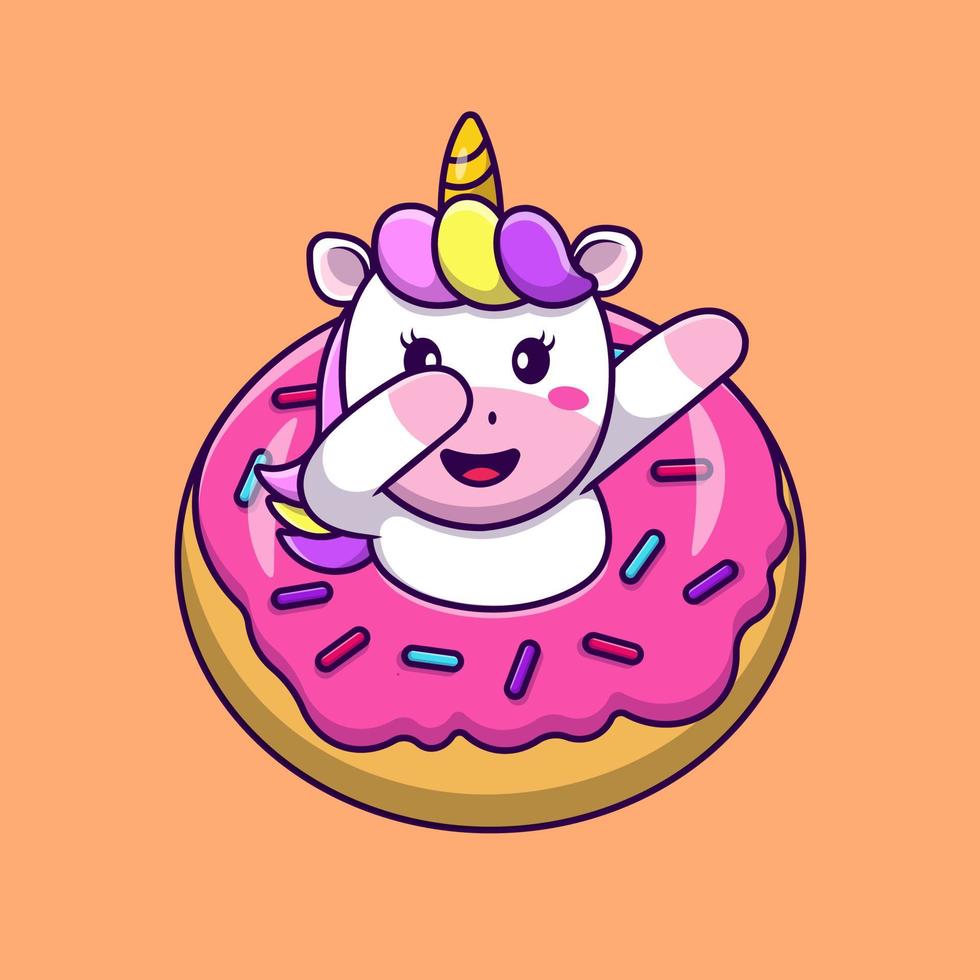 licorne mignonne tamponnant avec illustration d'icônes vectorielles de dessin animé de beignet. concept de dessin animé plat. adapté à tout projet créatif. vecteur