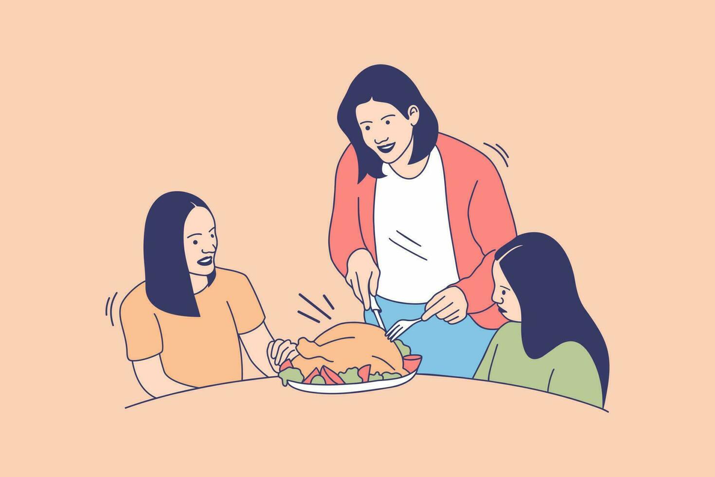 illustrations de famille heureuse mangent de la dinde pour le concept de conception du jour de thanksgiving vecteur