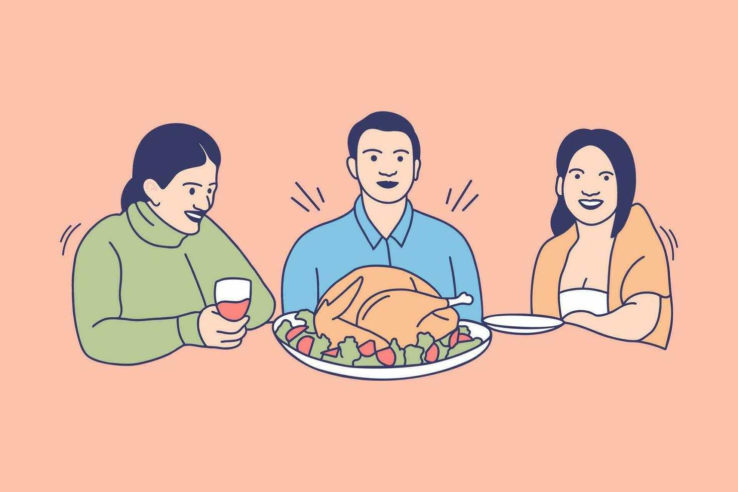 illustrations de famille heureuse mangent de la dinde pour le concept de conception du jour de thanksgiving vecteur