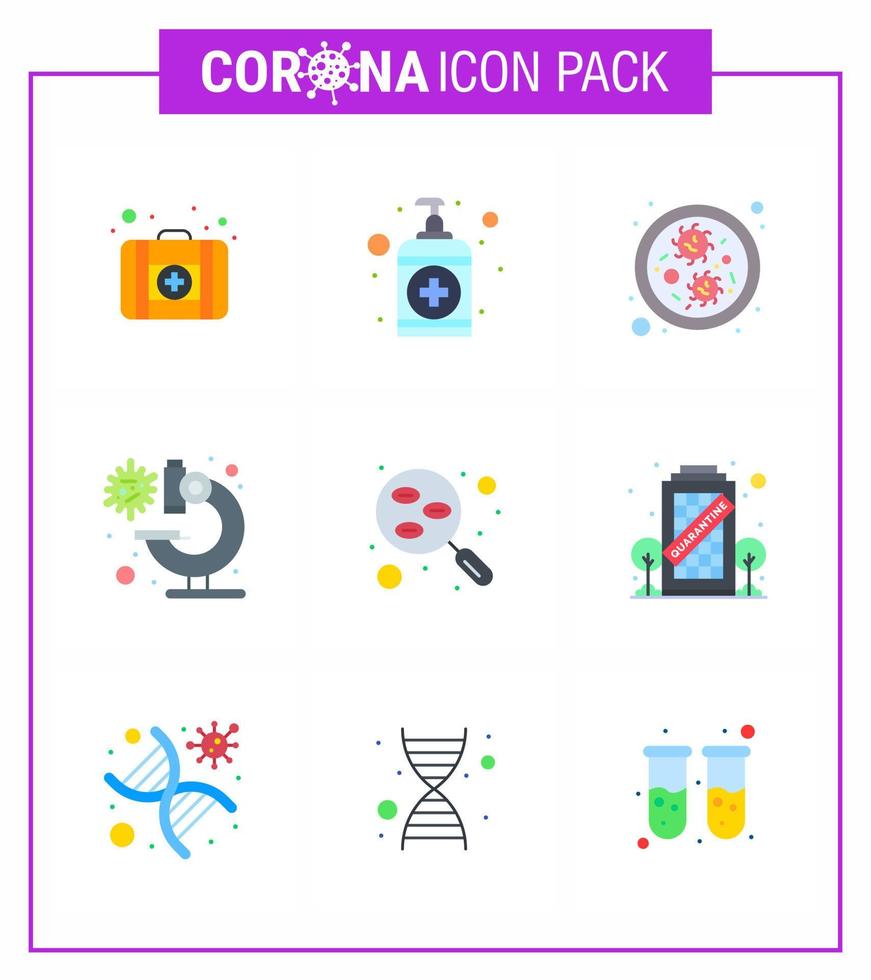 ensemble d'icônes covid19 pour l'infographie 9 pack de couleurs plates telles que l'échantillon de germes de laboratoire microscope sanguin coronavirus viral 2019nov éléments de conception de vecteur de maladie