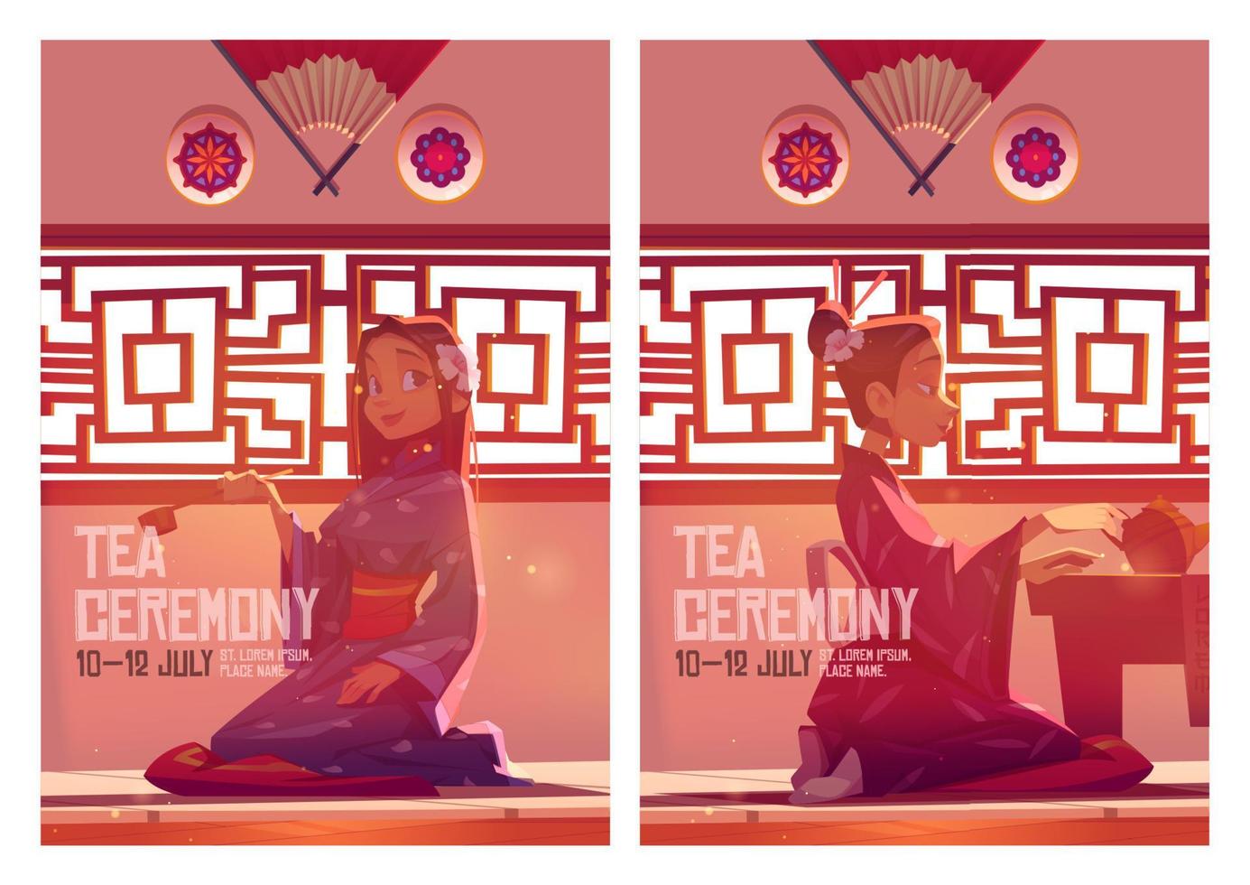 affiches de la cérémonie du thé avec une fille en kimono vecteur