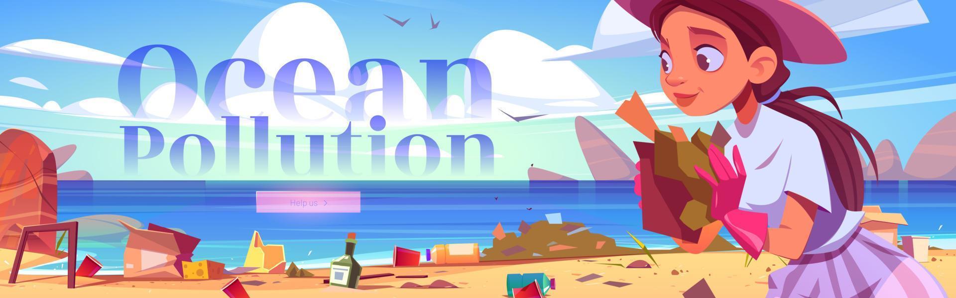 bannière web de dessin animé sur la pollution des océans, nettoyer la plage vecteur