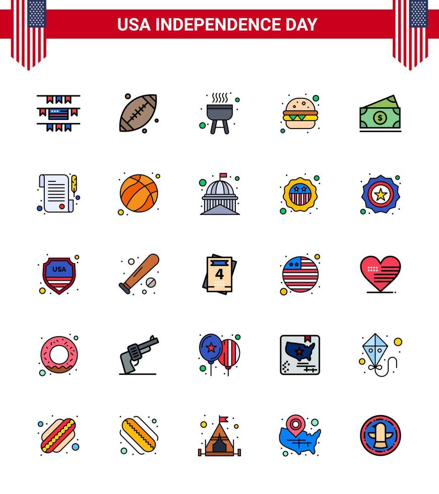 usa independance day plat rempli ligne ensemble de 25 pictogrammes usa de papier amearican bbq argent repas modifiable usa day vector design elements