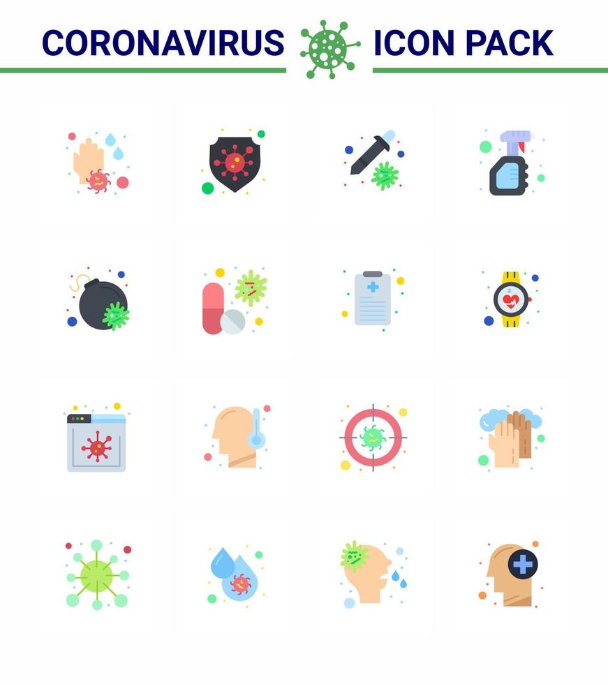 16 plat couleur coronavirus maladie et prévention vecteur icône attaque bouteille compte-gouttes pulvérisation nettoyage viral coronavirus 2019nov maladie vecteur éléments de conception