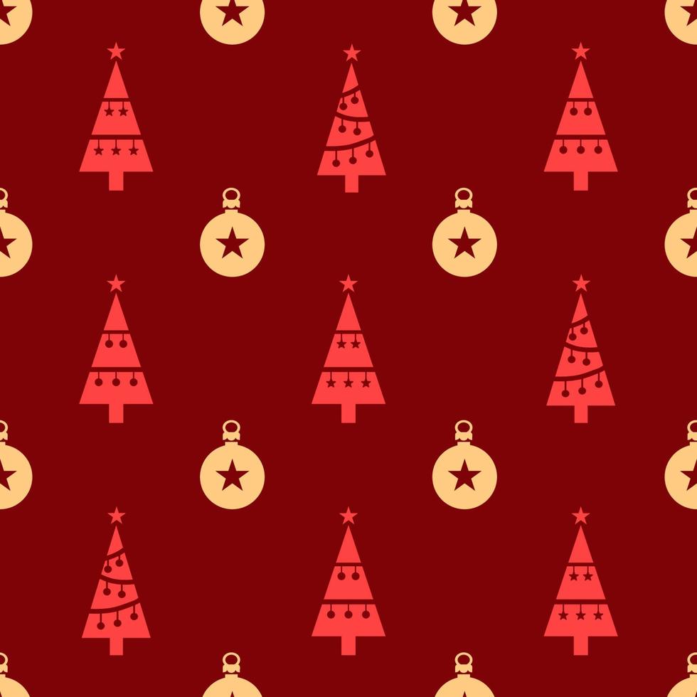 modèle sans couture de Noël. icônes d'arbre de noël de couleur rouge et icônes de boules de verre d'or sur fond rouge foncé. texture de noël vecteur