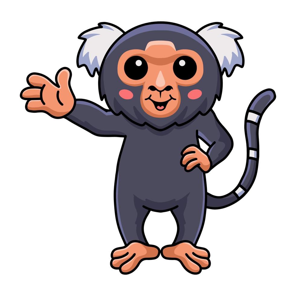 dessin animé mignon singe ouistiti pygmée agitant la main vecteur