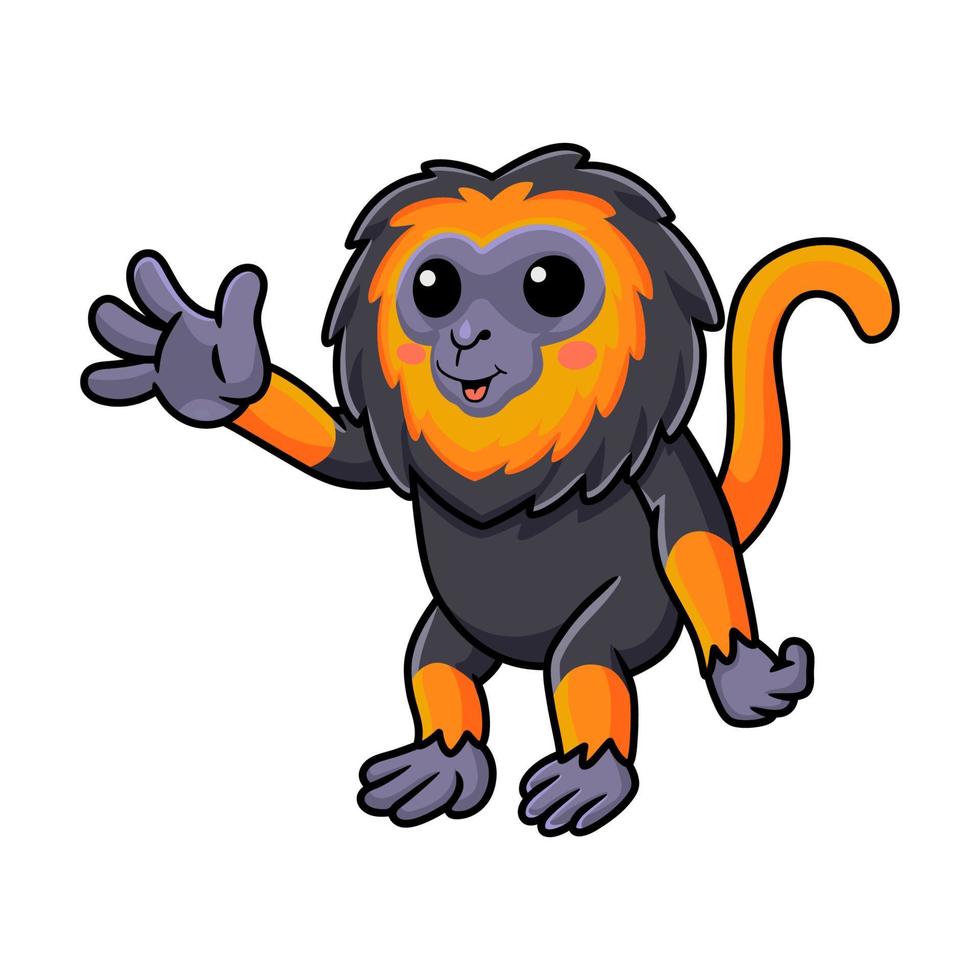 mignon petit dessin animé de singe lion agitant la main vecteur