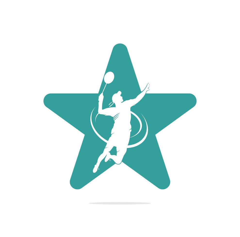 logo de concept de forme d'étoile de joueur de badminton - moment de victoire passionné. jeune athlète de badminton professionnel abstrait dans une pose passionnée. vecteur