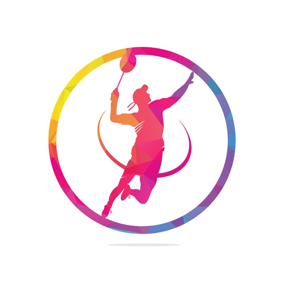 joueur de badminton passionné moderne en logo d'action - moment de victoire passionné. jeune athlète de badminton professionnel abstrait dans une pose passionnée. vecteur