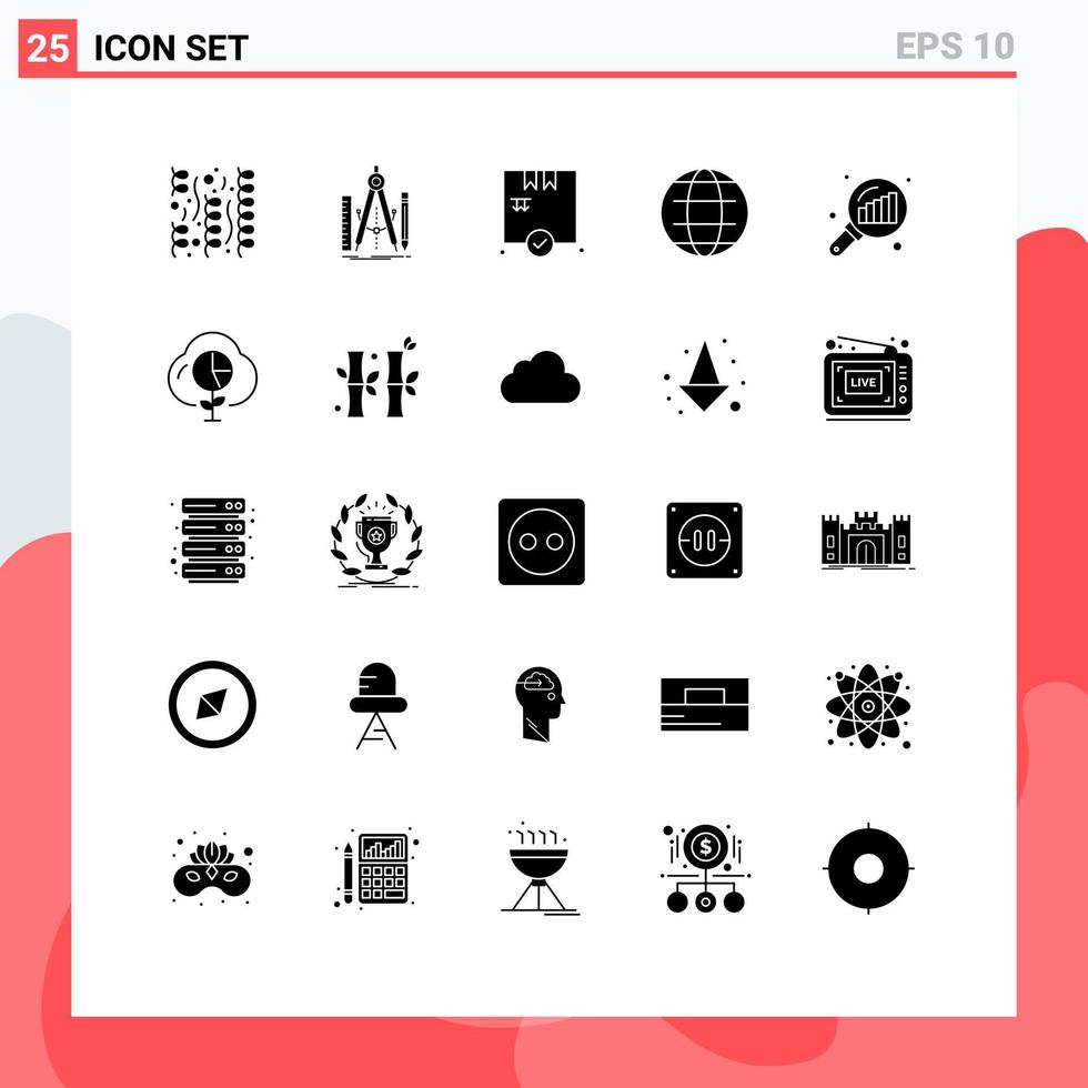 groupe de 25 signes et symboles de glyphes solides pour l'analyse graphique monde outil sécurité globe éléments de conception vectoriels modifiables vecteur