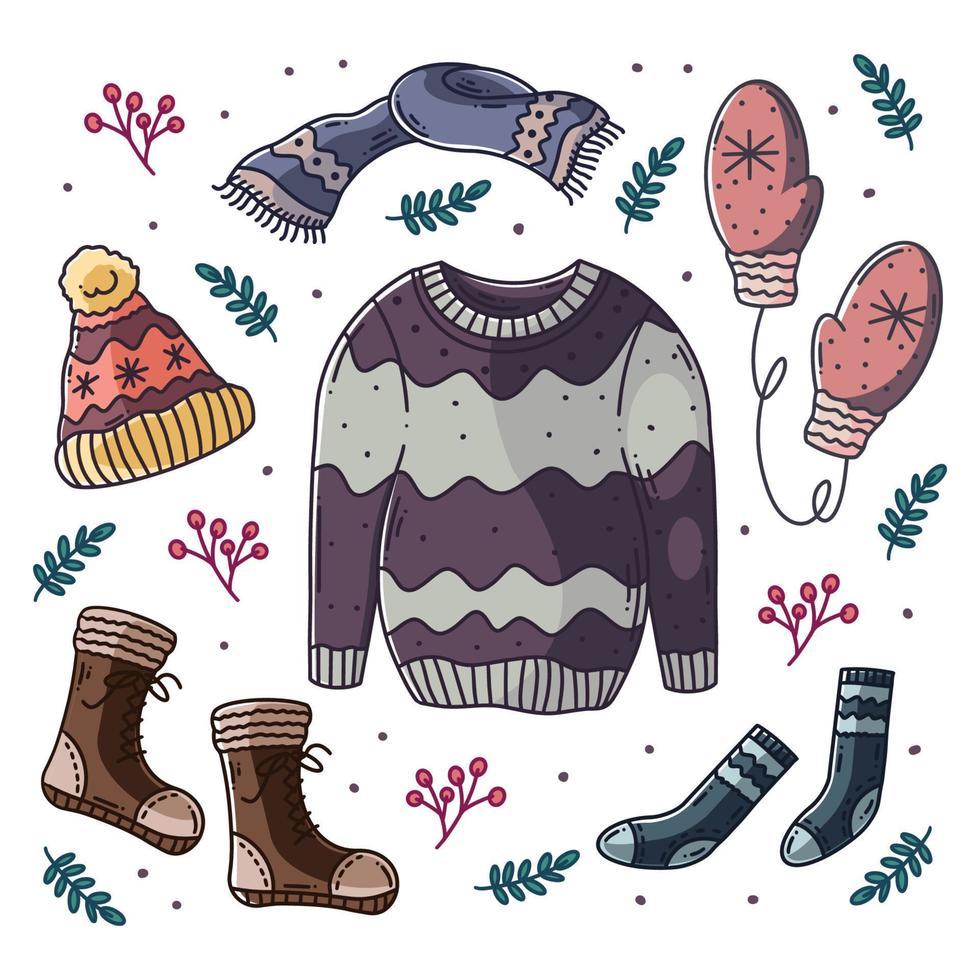 vêtements de mode d'hiver dessinés à la main avec doodle en couleur vecteur