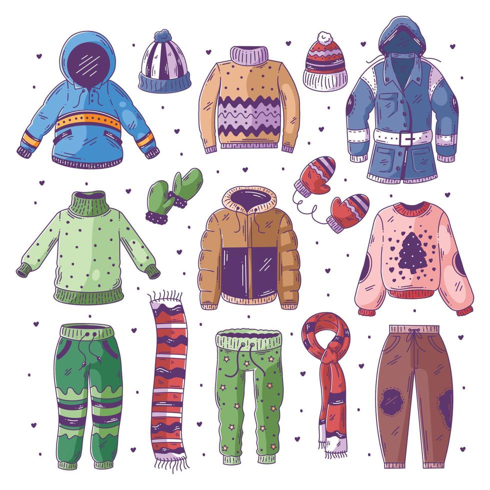 vêtements chauds d'hiver doodle dessiné à la main en couleur vecteur