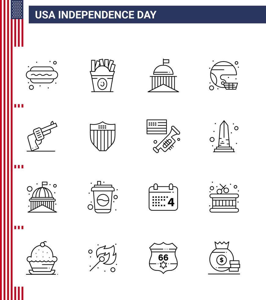 16 icônes créatives des états-unis signes d'indépendance modernes et symboles du 4 juillet de l'état casque ville football irlandais modifiable usa day vector design elements