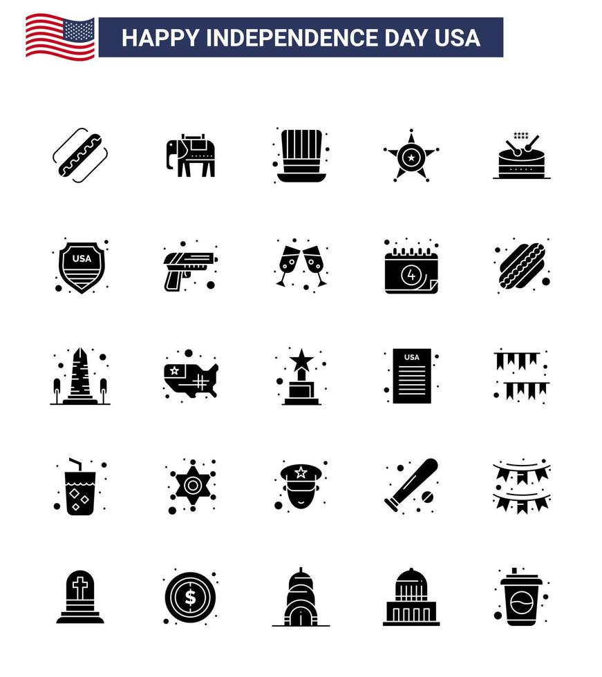 pack d'icônes vectorielles stock de jour américain 25 signes et symboles de glyphe solide pour la musique tambour chapeau usa police modifiable usa day vector design elements