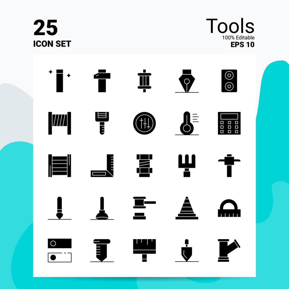 25 outils jeu d'icônes 100 eps modifiables 10 fichiers idées de concept de logo d'entreprise conception d'icône de glyphe solide vecteur