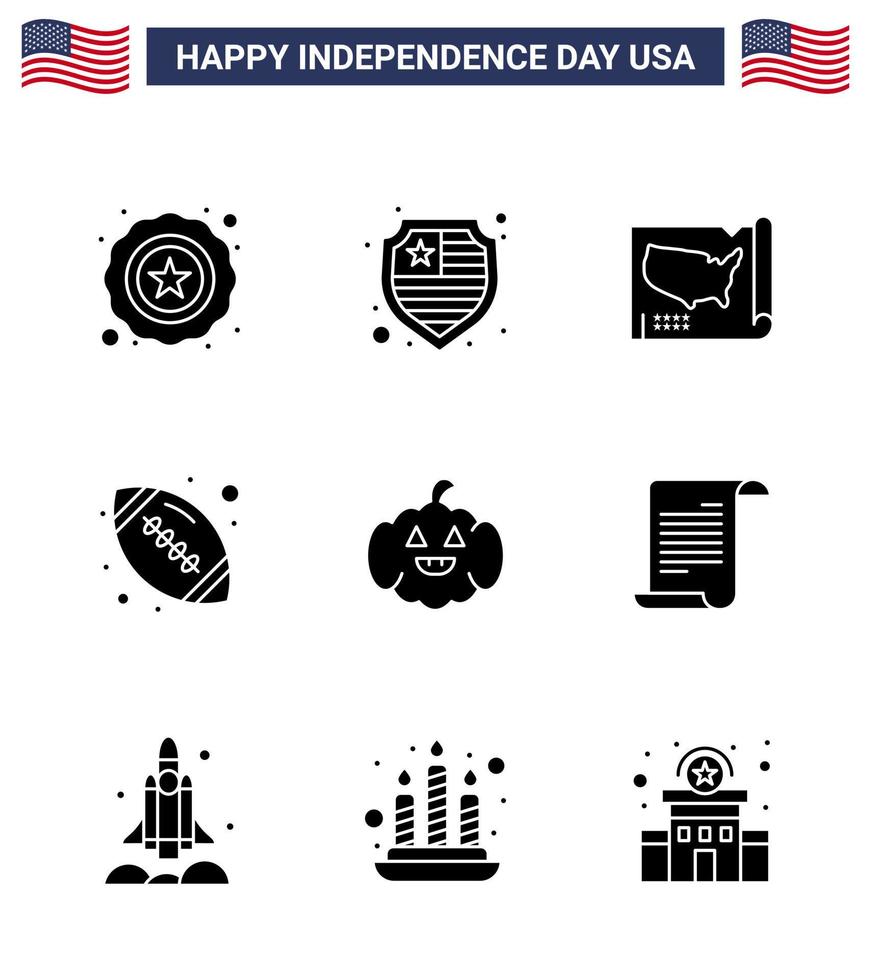 pack de 9 signes de glyphes solides de célébration de la fête de l'indépendance des états-unis et symboles du 4 juillet tels que fichier american united pumkin sports modifiables usa day vector design elements