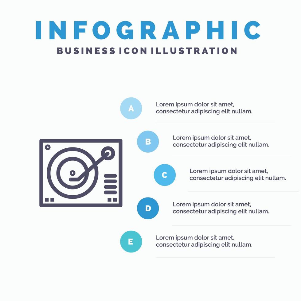 icône de ligne d'enregistrement de lecteur de phonographe de dispositif de plate-forme avec fond d'infographie de présentation en 5 étapes vecteur