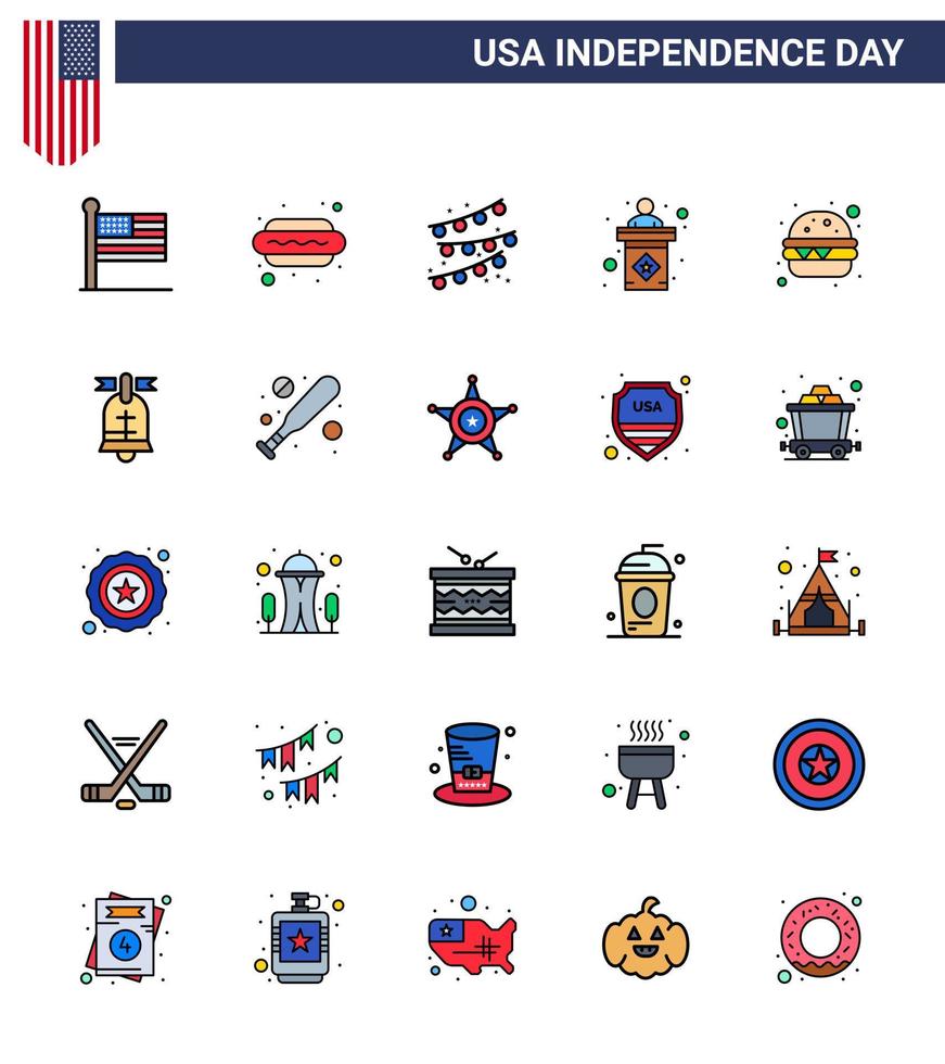 groupe de 25 lignes remplies à plat définies pour le jour de l'indépendance des états-unis d'amérique tels que des bruants de burger de repas signe des élections modifiables usa day vector design elements