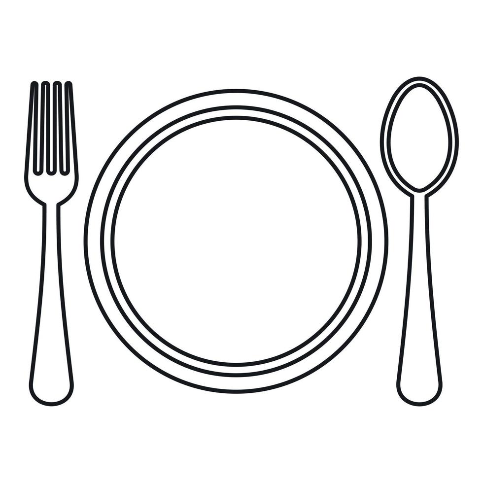 icône assiette, cuillère et fourchette, style de contour vecteur