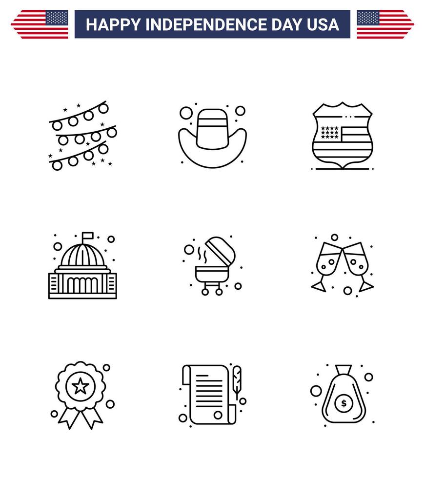 bonne fête de l'indépendance pack de 9 lignes signes et symboles pour grill barbecue usa maison blanche modifiable usa day vector design elements