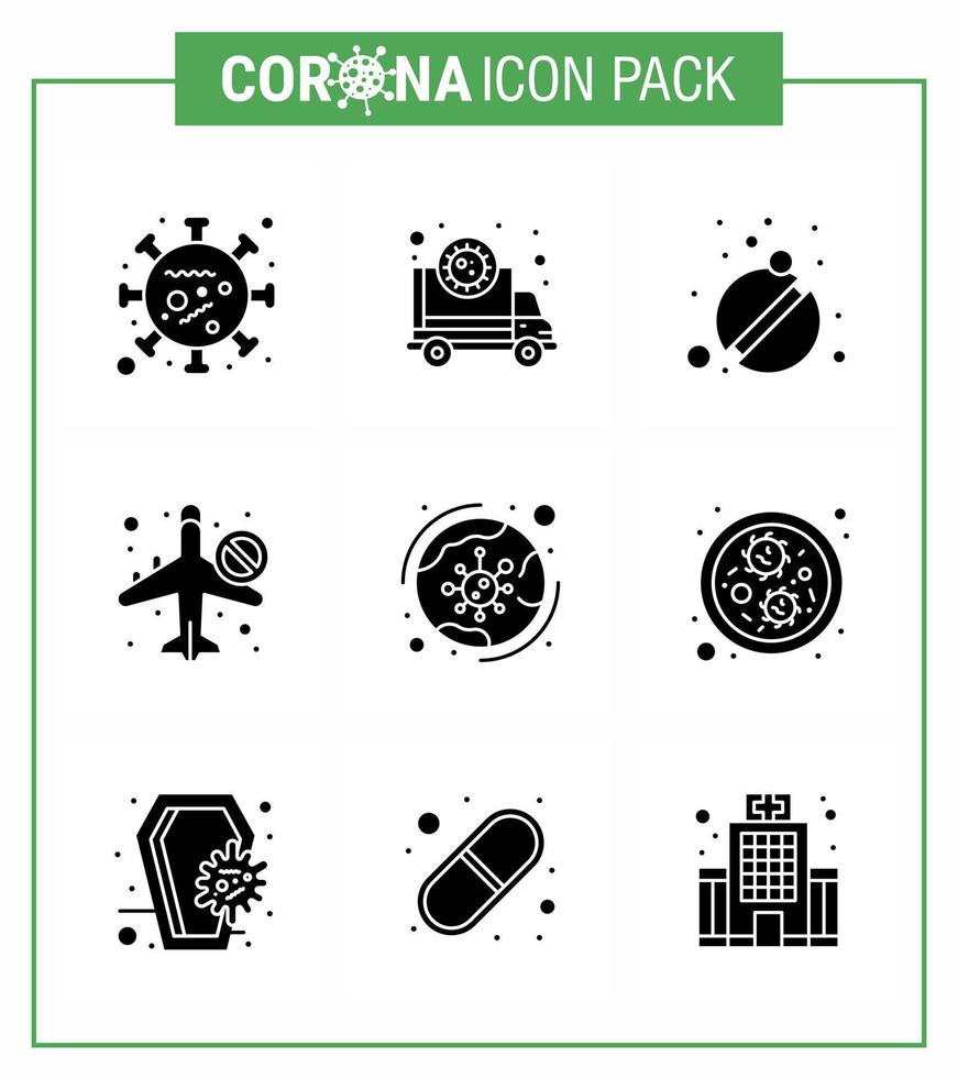 ensemble d'icônes covid19 pour l'infographie 9 pack noir de glyphes solides tels que ne pas autoriser la transmission de voyage comprimés infrarouges coronavirus viral 2019nov éléments de conception de vecteur de maladie