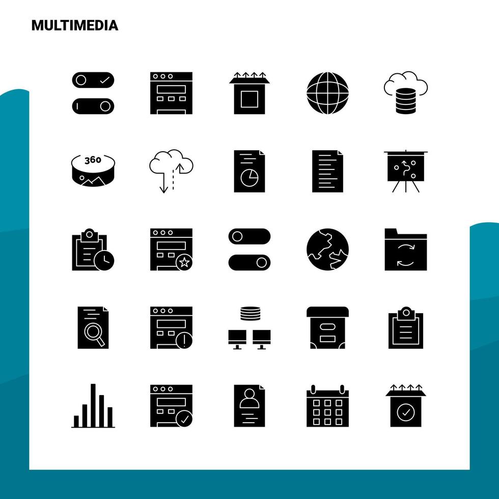 25 jeu d'icônes multimédia modèle d'illustration vectorielle d'icône de glyphe solide pour des idées web et mobiles pour une entreprise vecteur