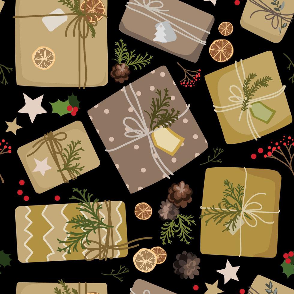 coffrets cadeaux de noël de vacances d'hiver modèle sans couture pour le fond, l'emballage, le tissu, le textile, la surface et la conception d'impression. cadeaux de noël en papier kraft et couronnes. coffret cadeau rustique.eco decoration.vector vecteur