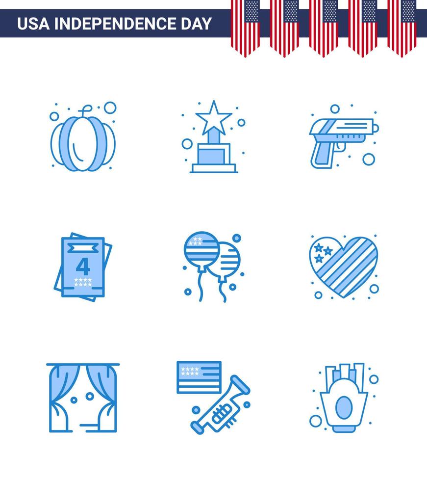 usa joyeux jour de l'indépendancepictogramme ensemble de 9 blues simples de l'armée américaine mouche bloons mariage modifiable usa day vector design elements