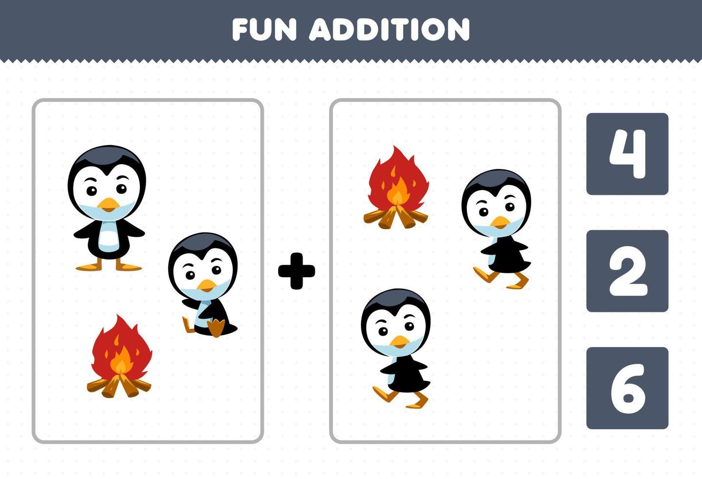 jeu éducatif pour les enfants addition amusante par comptage et choisissez la bonne réponse de dessin animé mignon pingouin et feu de joie feuille de travail imprimable d'hiver vecteur