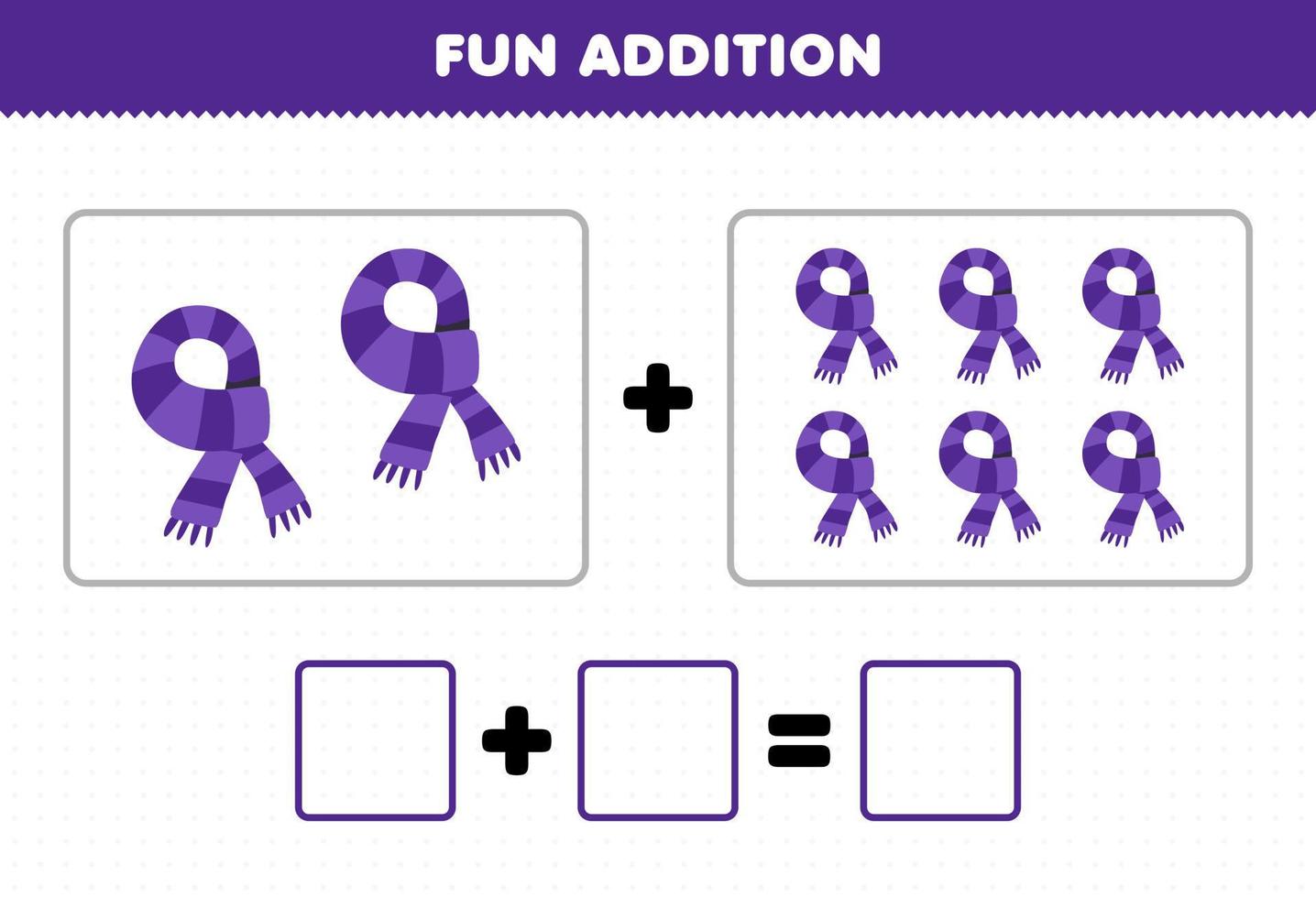 jeu d'éducation pour les enfants ajout amusant en comptant des images d'écharpe violette de dessin animé mignon feuille de travail d'hiver imprimable vecteur