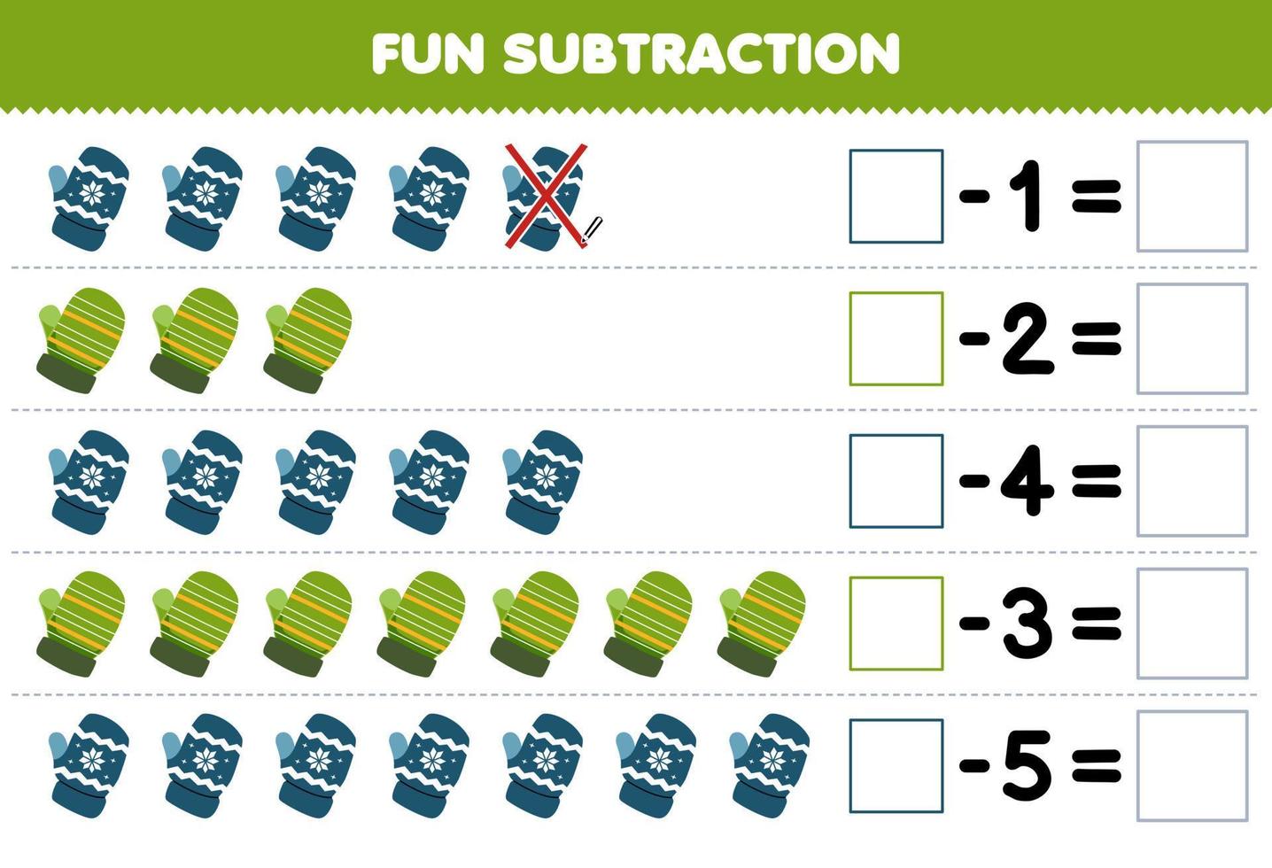 jeu éducatif pour les enfants soustraction amusante en comptant chaque rangée de mitaine de dessin animé mignon et en l'éliminant feuille de calcul d'hiver imprimable vecteur