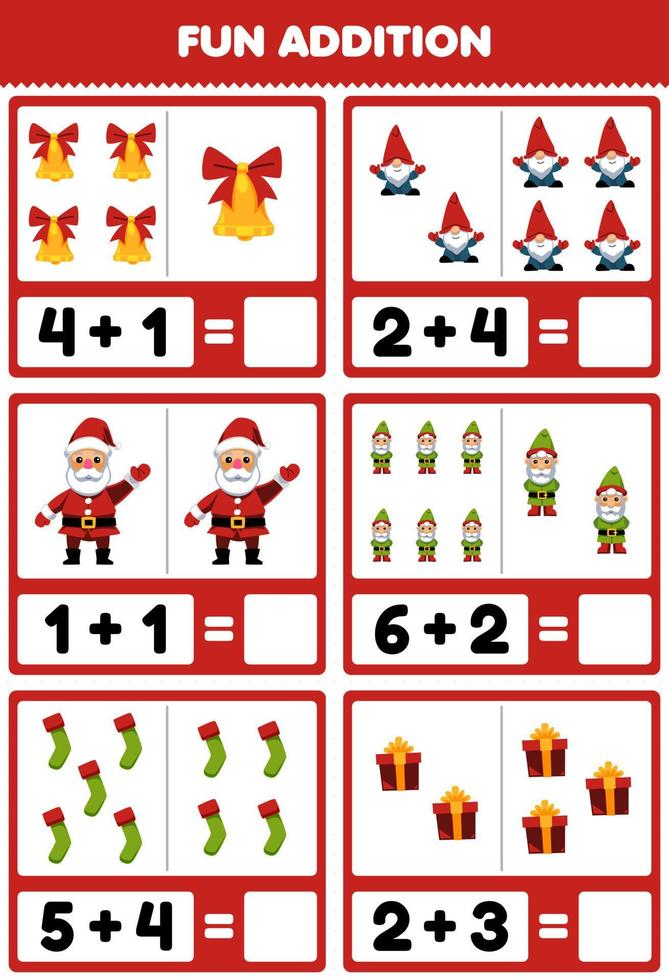 jeu éducatif pour les enfants addition amusante en comptant et en faisant la somme de joli dessin animé cloche gnome père noël chaussette cadeau boîte feuille de travail imprimable d'hiver vecteur