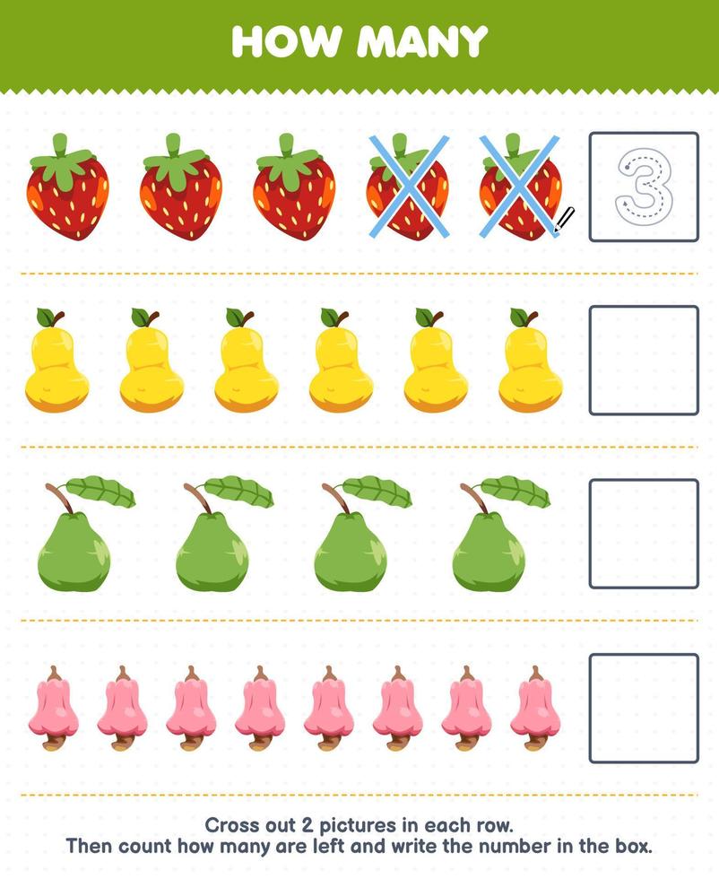 jeu éducatif pour les enfants compter combien dessin animé fraise poire goyave noix de cajou et écrire le nombre dans la boîte feuille de travail imprimable sur les fruits vecteur