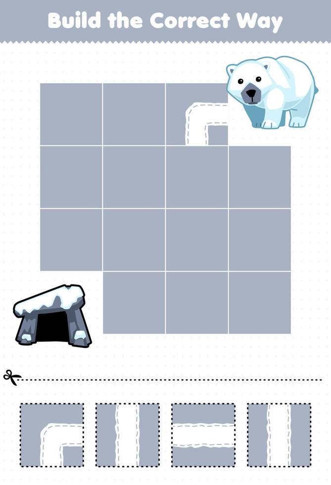 jeu éducatif pour les enfants construire la bonne façon aider ours polaire dessin animé mignon se déplacer vers la tanière feuille de travail imprimable d'hiver vecteur