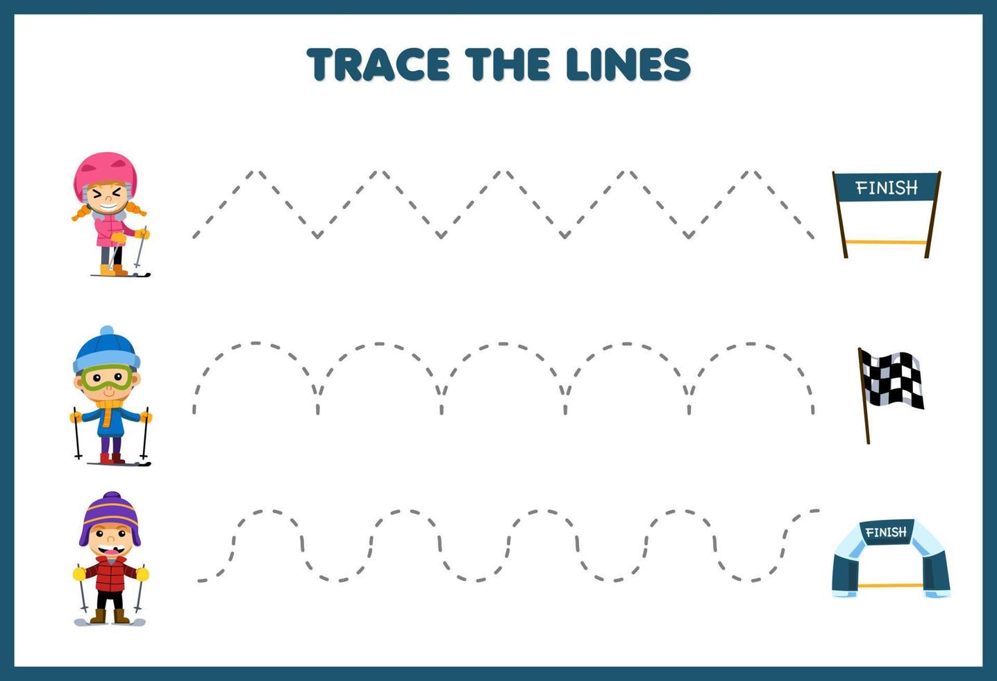 jeu éducatif pour les enfants pratique de l'écriture manuscrite tracer les lignes avec des enfants de dessin animé mignon jouant au ski se déplacer vers la ligne d'arrivée et marquer la feuille de travail d'hiver vecteur