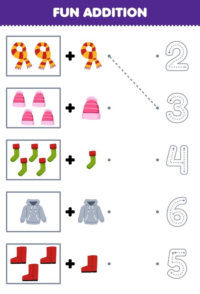 jeu éducatif pour les enfants amusant compter et ajouter un autre dessin animé écharpe bonnet chaussette à capuche botte puis choisissez le bon numéro feuille de calcul d'hiver vecteur