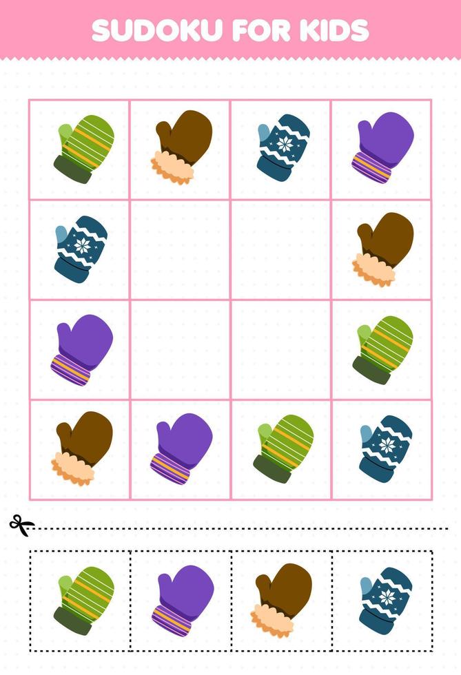jeu éducatif pour les enfants sudoku pour les enfants avec une mitaine de dessin animé mignon feuille de travail imprimable d'hiver vecteur