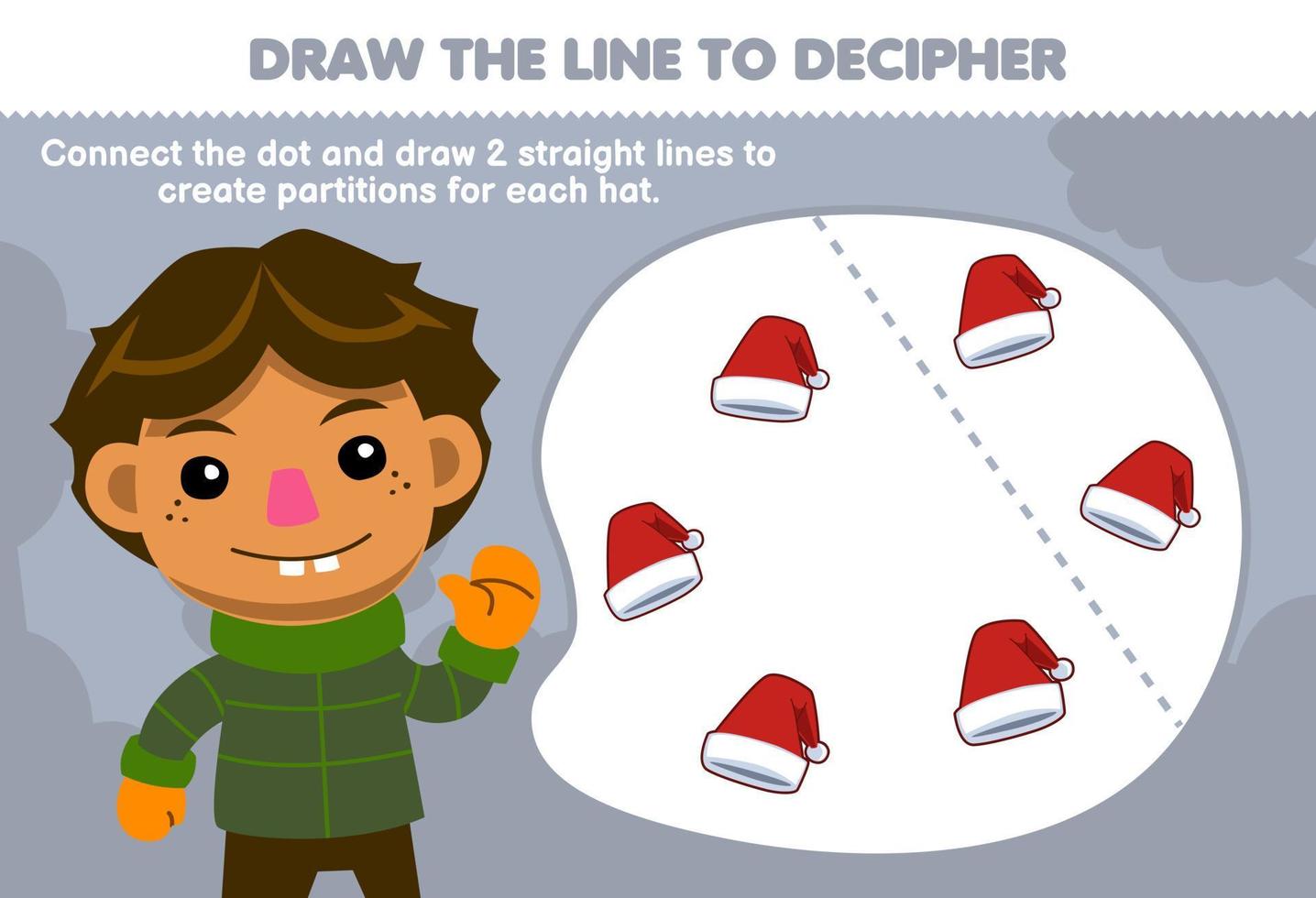 jeu éducatif pour les enfants aidez le garçon à tracer les lignes pour séparer les chapeaux feuille de travail d'hiver imprimable vecteur