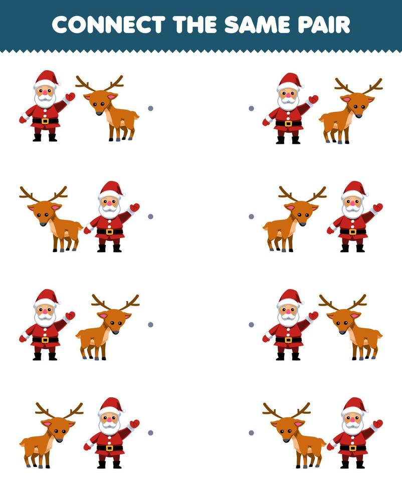 jeu éducatif pour les enfants connectez la même image de dessin animé mignon père noël et paire de cerfs feuille de travail d'hiver imprimable vecteur