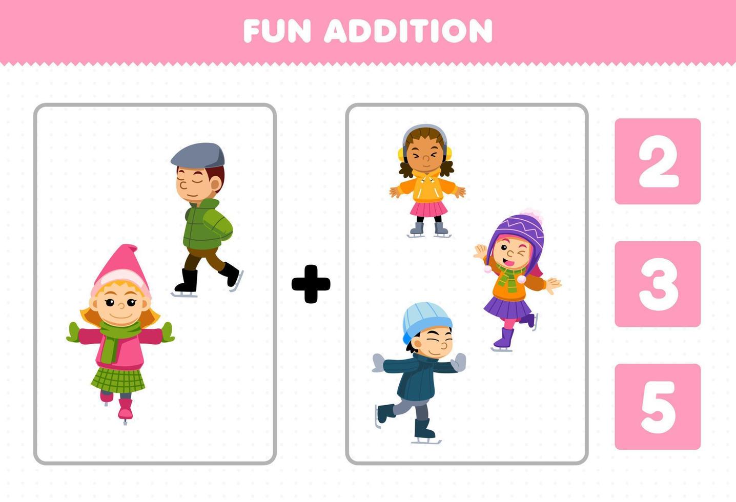 jeu éducatif pour les enfants addition amusante par comptage et choisissez la bonne réponse de dessin animé mignon garçon et fille jouant au patinage sur glace feuille de travail imprimable d'hiver vecteur